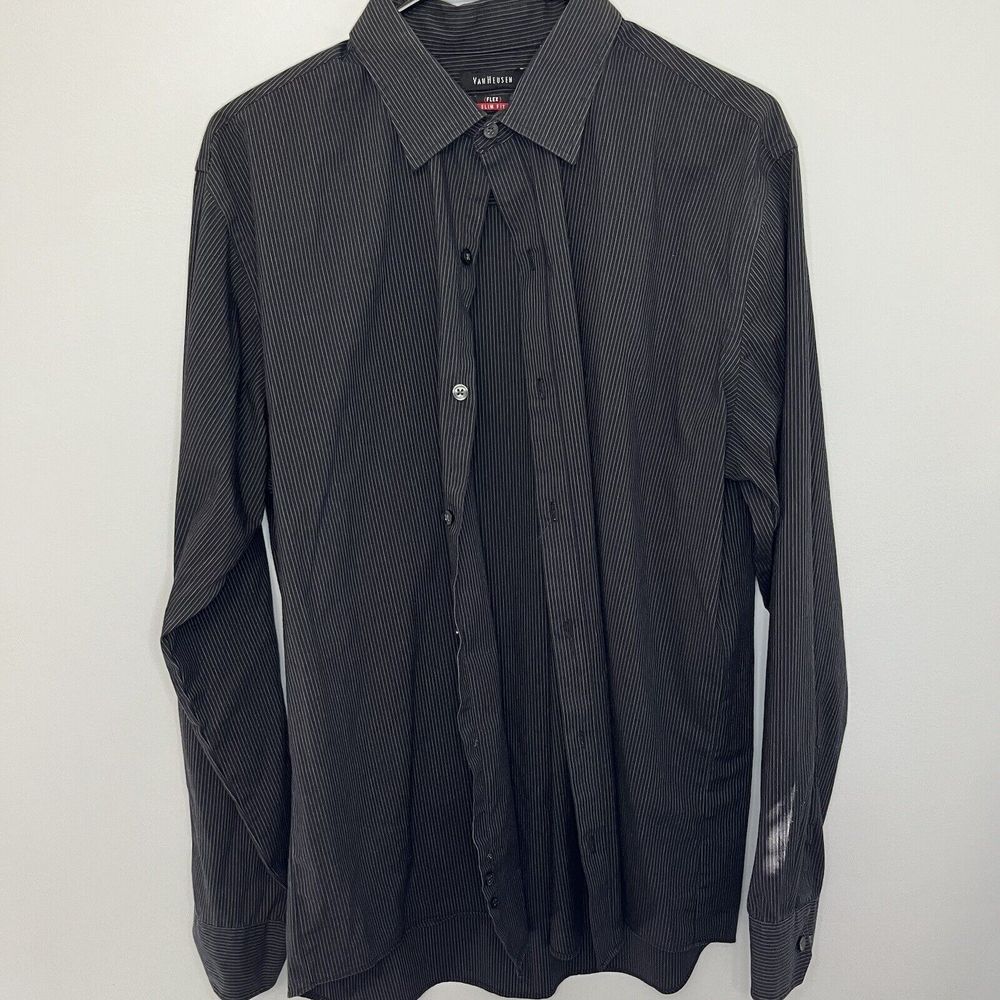 Van Heusen Dress Shirt Men's Size 16-16.5 Large Flex Slim Fit Black Striped VGC